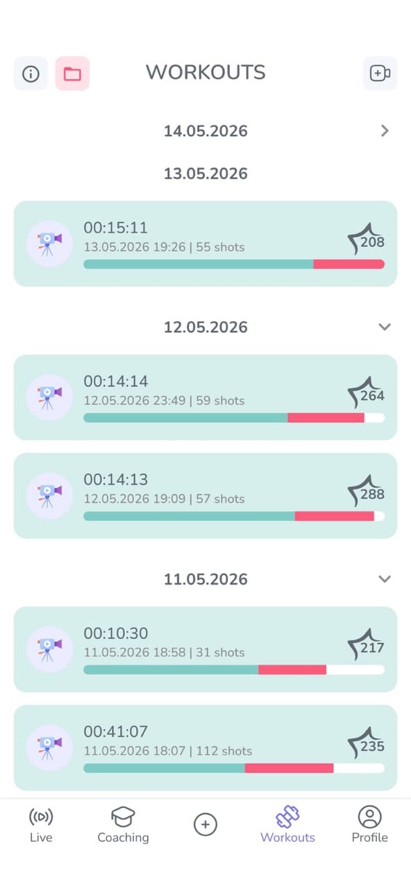 Экран тренировок в мобильном приложении PerformStars